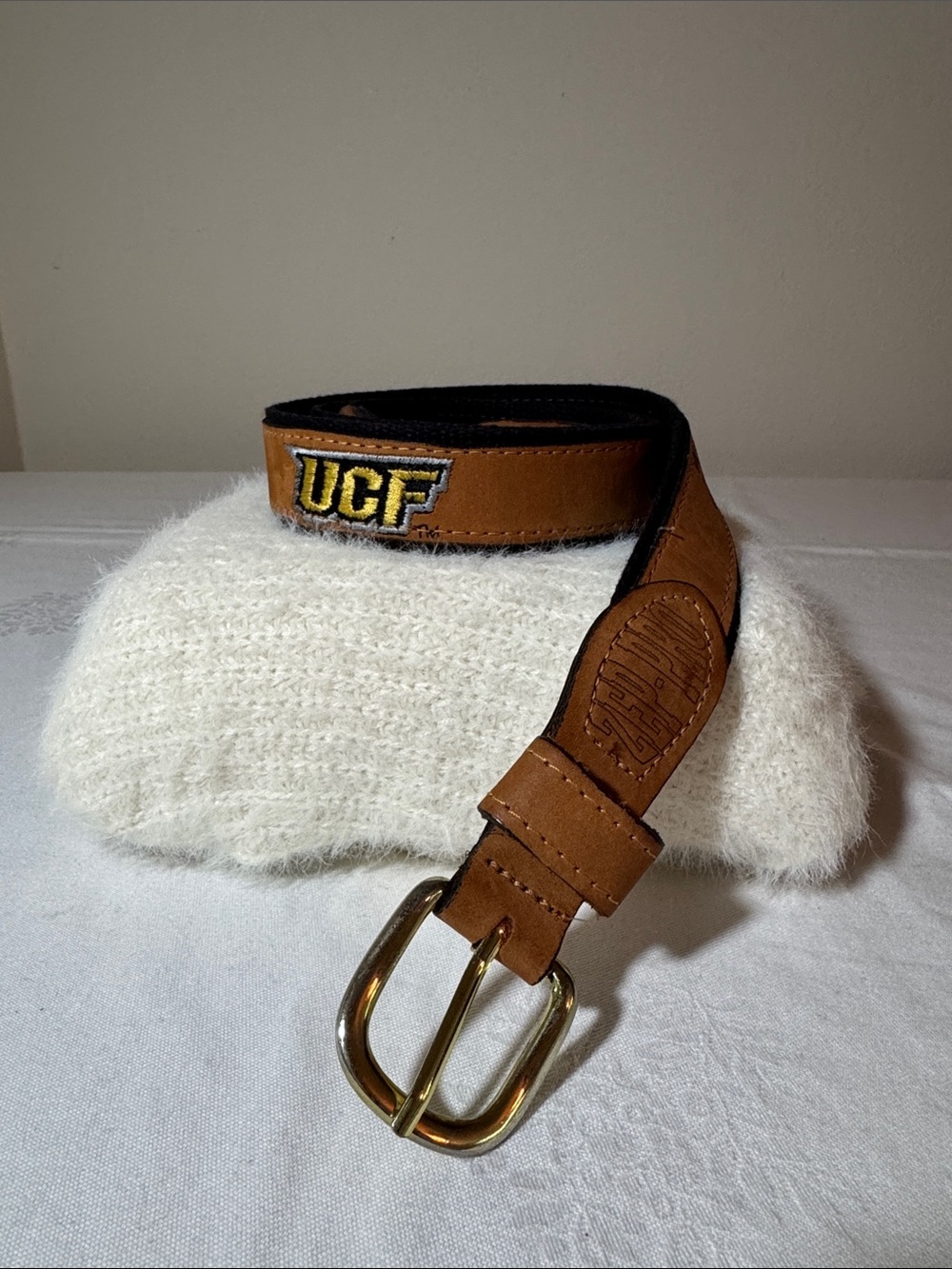 Brown Leather UCF Embroidered Belt with Brass Buckle
